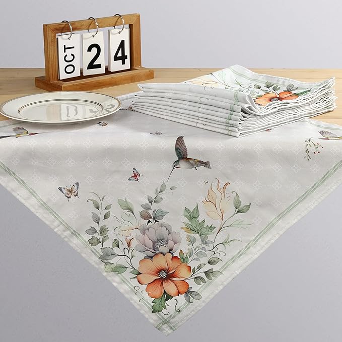 Spring Summer Flower Bird Napkins, 18×18 Inch Dinner Cloth Napkins Set of 6, Washable Cotton Soft Absorbent Square Table Top Decoration for Dining Kitchen Party Wedding
