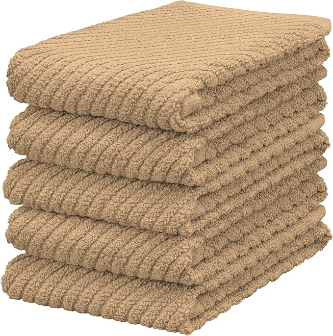 DecorRack 5 Pack 100% Cotton Kitchen Towels, 16x19 inch Soft Terry Dish Towels Absorbent & Durable for Drying, Cleaning & Cooking, Tan (Pack of 5)