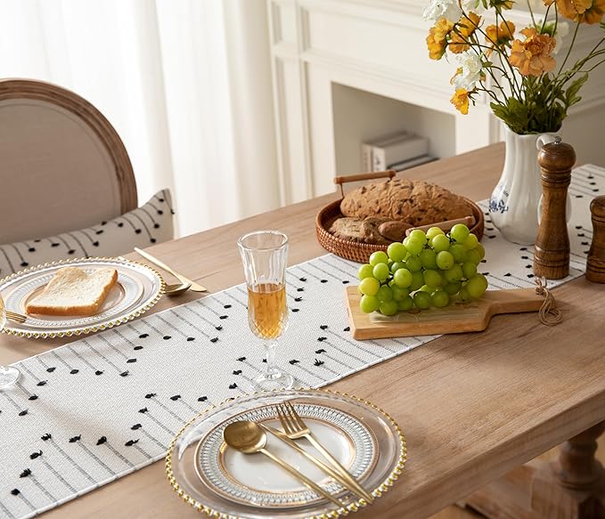 Boho Table Runner 13 x 48 Inch Long Natural Cotton Woven Runner with Tassels for Home Dining Table décor, for Modern Farmhouse Decor Coffee Table Runner, Black and Beige