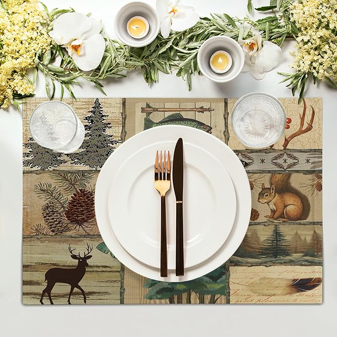 Cabin Placemats Set of 4 - Forest Bear Moose Place Mats Set of 4 Pine Tree Wild Animal Art Kitchen Dining Table Mat for Indoor Outdoor Decorations 12 x 18 Inch
