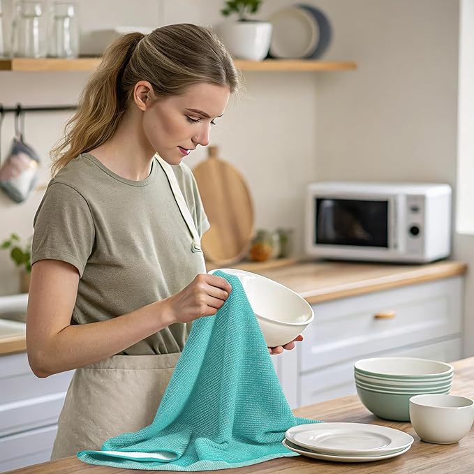 Mordimy Premium Kitchen Towels 6 Pack (18 x 28 Inches, Teal), Large Cotton Kitchen Hand Towel, Flat & Terry Dish Towels for Drying Dishes, Super Absorbent Tea Dishtowels Set with Hanging Loop