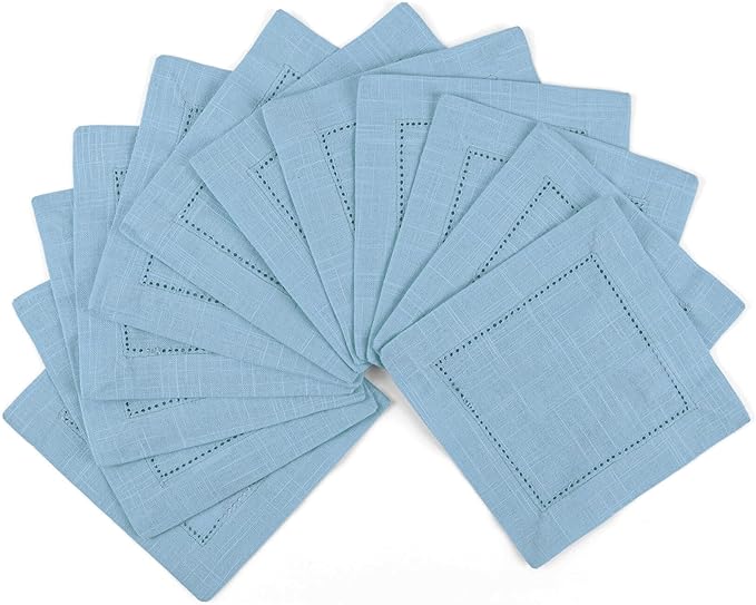 FINGERCRAFT Cocktail Napkins 6 x 6 Inch Premium Quality Cotton, Generous Hemstitch and Mitered Corner Set of 12 Coaster Cloth Aqua Blue