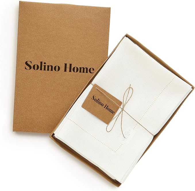 Solino Home Ivory Linen Napkins Set of 6-100% Pure Linen Hemstitch Dinner Napkins 20 x 20 Inch for Spring, Summer, Mothers Day - Classic Hemstitch