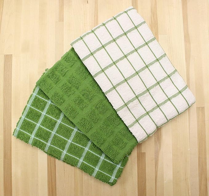 Ritz Premium 100% Cotton Terry Check Kitchen Dish Towels - Highly Absorbent, Super Soft, Long-Lasting, 25"x15", 3-Pack, Cactus Green