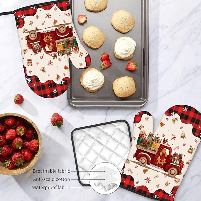 Christmas Gingerbread Oven Mitts Set of 3, Gingerbread Man Heat Resistant Silicone Non-Slip Kitchen Pot Holders for Baking & Cooking