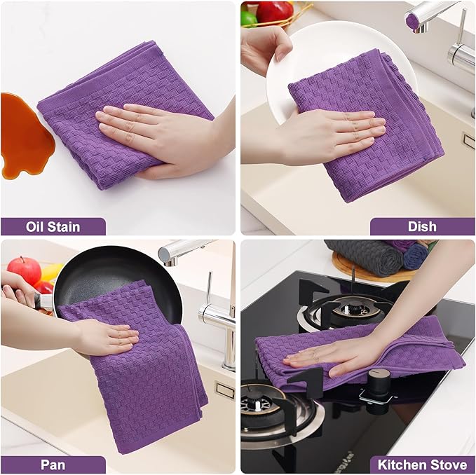 Homaxy 100% Cotton Terry Kitchen Towels(15" x 25", 8 Pack), Soft and Super Absorbent Dish Towels, 380 GSM Reusable Tea Towel with Hanging Loop, Pineapple Grid Designed, Purple
