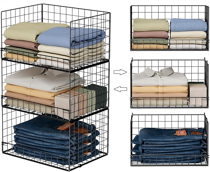 Yociyoga 3-Tier Stackable Closet Organizers and Storage Shelves, Foldable Closet Shelf Organizer, Stackable Storage Bins Drawers for Closet Organizer System, Black(Patent Pending)