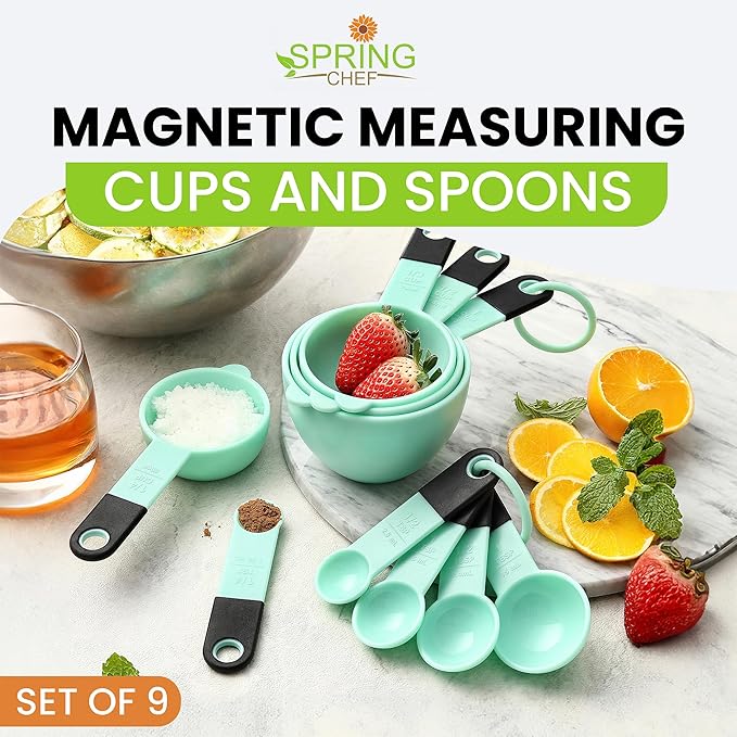 Spring Chef Mint Magnetic Measuring Cups and Spoons Set of 9, Stackable Plastic Kitchen Tool with Easy to Read Markings - Measure Dry or Liquid Ingredient for Baking & Cooking, BPA Free