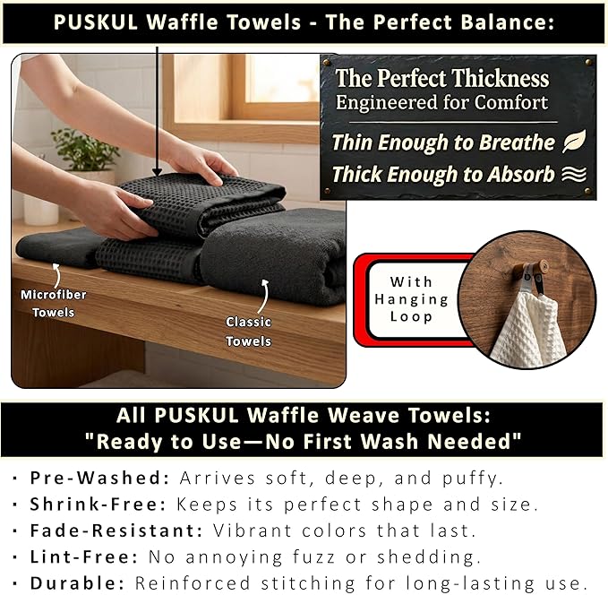 PÜSKÜL Natural 100% Turkish Cotton Black Waffle Bath Towels Set of 2-Piece | 32x63 Extra Large Absorbent Quick-Dry Lightweight Spa Towel | Decorative Bathroom Towel (Black Bath Towels - Pack of 2)