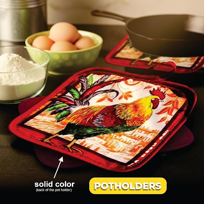 Lobyn Value Packs: Decorative & Functional Rustic Rooster Kitchen Set – 5 Piece Kitchen Towel Set with 2 Decorative Dish Towels (25 X15), 1 Oven Mitt (11 X 7) and 2 Potholders (6.5 X 6.5)