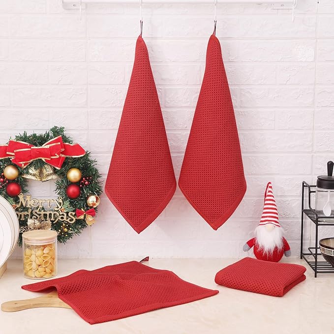 Kitinjoy 100% Cotton Kitchen Dish Cloths (12 X 12 Inches, Brick Red), 8 Pack Waffle Weave Ultra Soft Absorbent Dish Towels for Drying Dishes Quick Drying Kitchen Towels Dish Rags