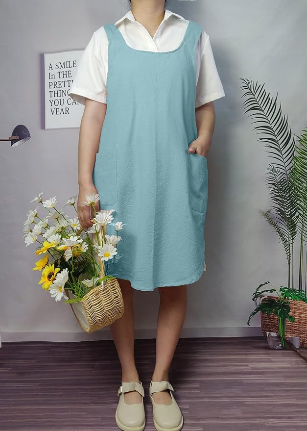 Cotton Cross Back Aprons Solid Color Cooking Kitchen Garden Smock for Women Girls with Pockets