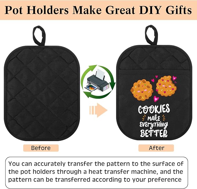 Hoolerry 30 Pieces Pot Holders with Pocket Sublimation 7x9'' Cotton Oven Pot Holders Bulk with Hanging Loops Pads for Kitchen Cook Baking (Black)