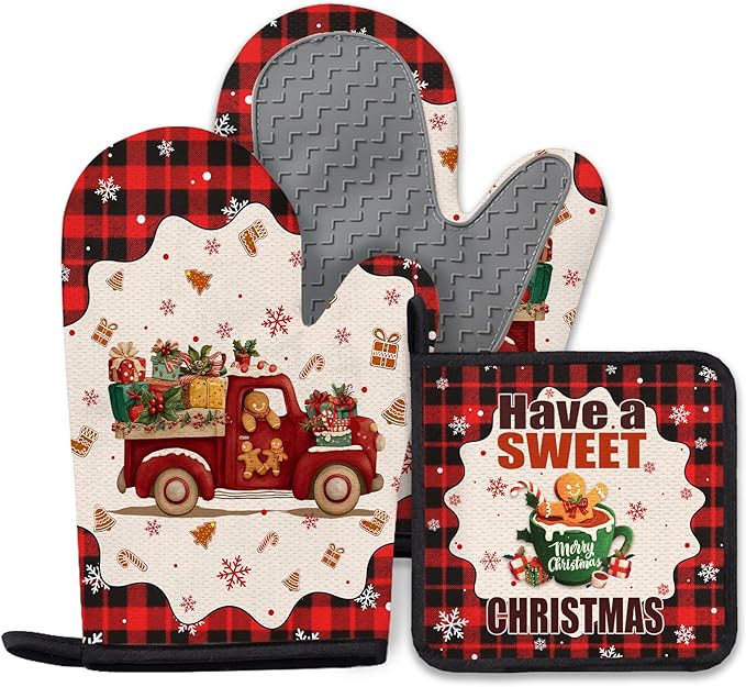 Christmas Gingerbread Oven Mitts Set of 3, Gingerbread Man Heat Resistant Silicone Non-Slip Kitchen Pot Holders for Baking & Cooking