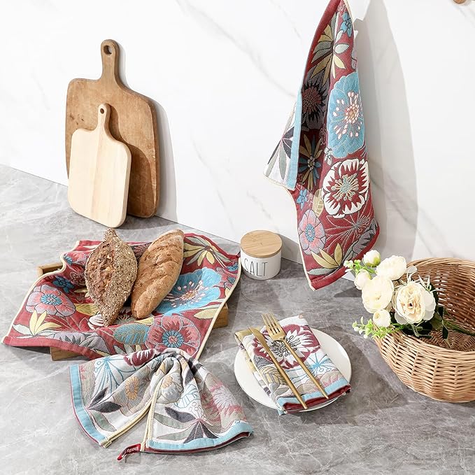 Dish Towels for Kitchen, Jacquard Woven Kitchen Towels Set, Reusable Reusable Cleaning Tea Towels Ultra Absorbent with Hanging Loop,Decorative Retro Hand Towels for Bathroom/Kitchen
