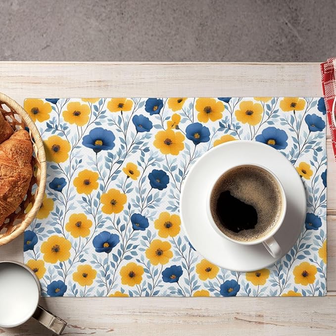 Yellow Blue Floral Linen Placemats Set of 4, Washable Heat Resistant Table Mats for Dining Table Kitchen Holiday Party Farmhouse, Gift for Floral Nature Lovers, Spring Home Decor, 12" x 18" Place Mats