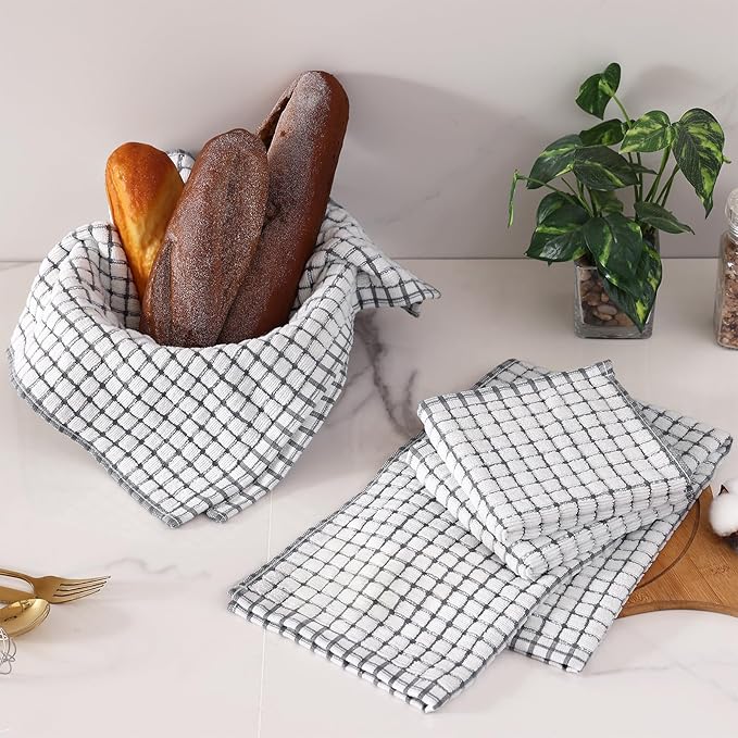 Homaxy Kitchen Towels and Dishcloths Set, 16 x 25 and 12 x 12 Inches, Set of 12 Cotton Terry Kitchen Dish Towels, Super Soft and Absorbent Dish Cloths, Grey