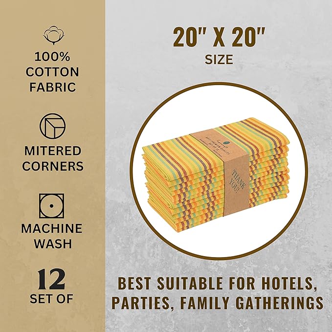 FINGERCRAFT Cloth Napkins, Everyday Use, Premium Quality High GSM Woven Cotton, Set of 12, 20X20 Inch Oversized Napkins Cloth Mitered Corners, Soft, Durable Hotel Quality Yellow Multi