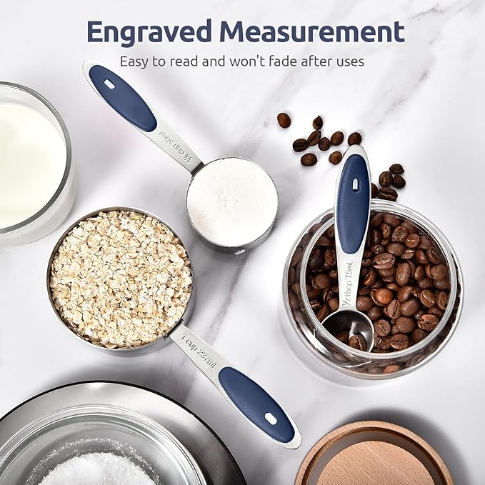 U-Taste Measuring Cups and Spoons: Food Grade 18/8 Stainless Steel Metal Measure Cups and Spoons Set of 10, Upgraded Thickness Handle (Midnight Blue)