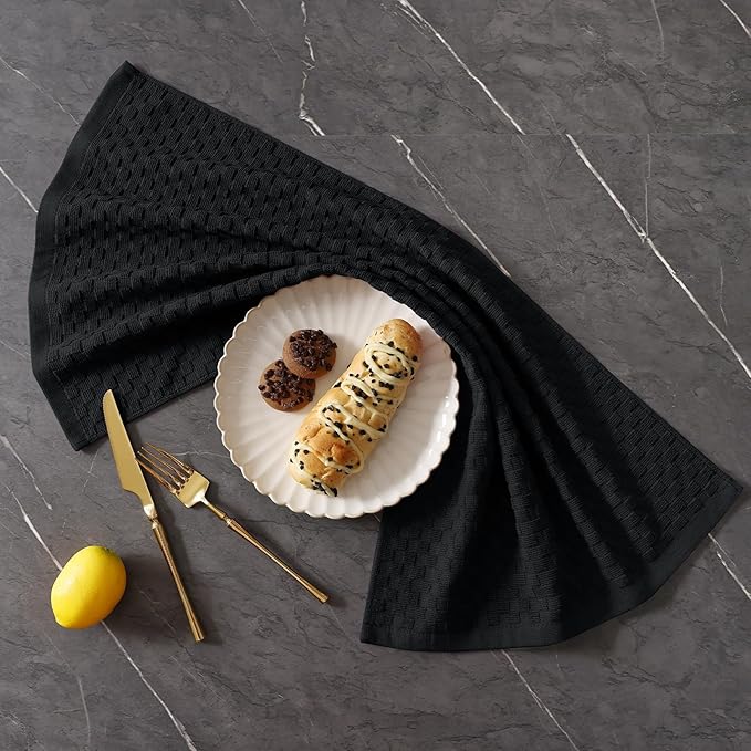 Homaxy 100% Cotton Terry Kitchen Towels(15" x 25", 6 Pack), Soft and Super Absorbent Dish Towels, 380 GSM Reusable Tea Towel with Hanging Loop, Pineapple Grid Designed, Black