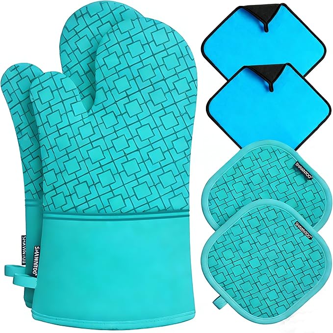 Oven Mitts and Pot Holders Sets 6pcs, Kitchen Oven Glove,High Heat Resistant 550 Degree Extra Long Oven Mitts and Potholders with Non-Slip Silicone Surface for Home Essentials (Grey) (Ice Blue)