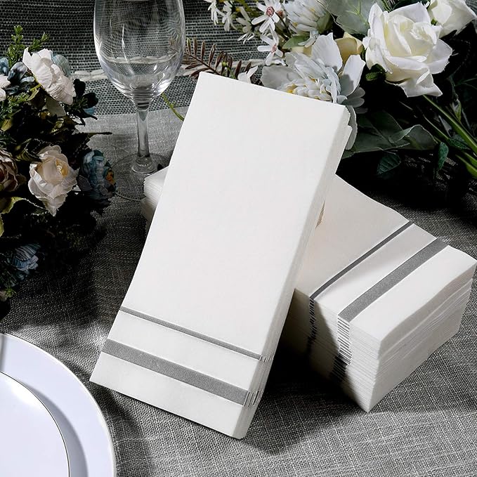 FOCUSLINE 200 Linen Feel Disposable Bathroom Napkins, Soft and Absorbent Paper Guest Towels, Cloth-Like Hand Towels Decorative Paper Napkins for Parties, Weddings, Dinners or Events, Silver, 12" x 17"