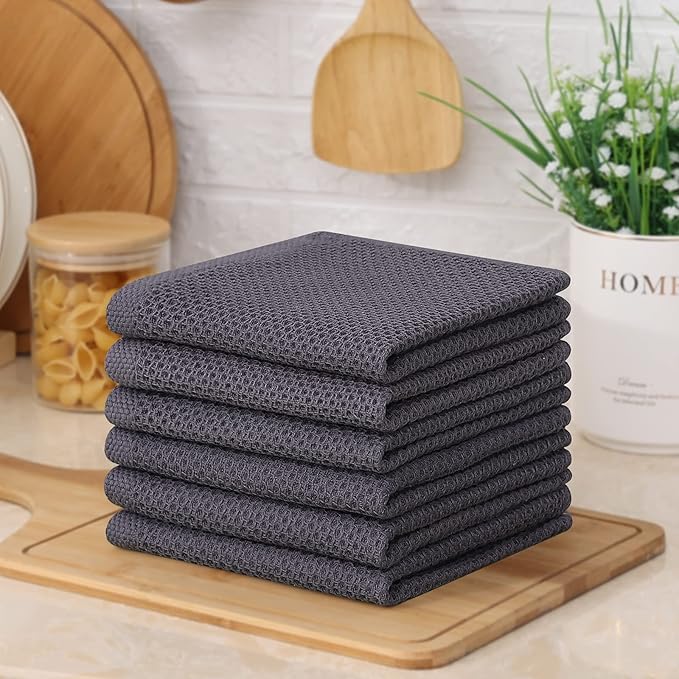 Kitinjoy 100% Cotton Kitchen Dish Cloths (12 X 12 Inches, Dark Grey), 12 Pack Waffle Weave Ultra Soft Absorbent Dish Towels for Drying Dishes Quick Drying Kitchen Towels Dish Rags