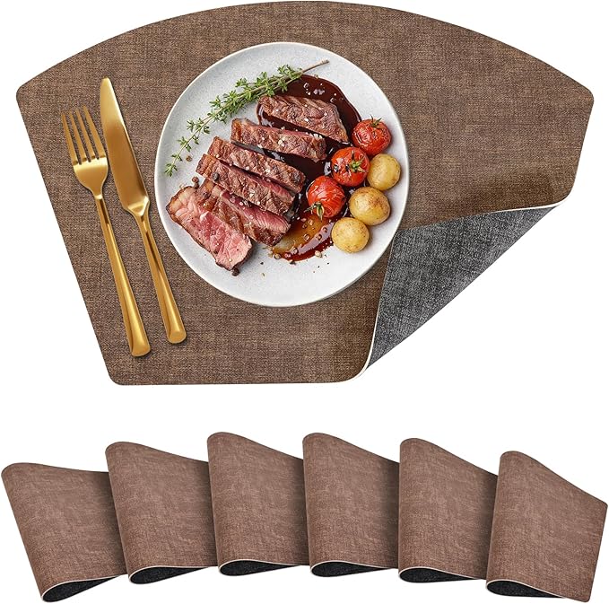 Round Table Placemats Set of 6, Dual-Sided Wedge Shape Faux Leather Table Mats, Washable Wipeable Heat Resistant Place Mats for Outdoor Indoor, Brown Gray