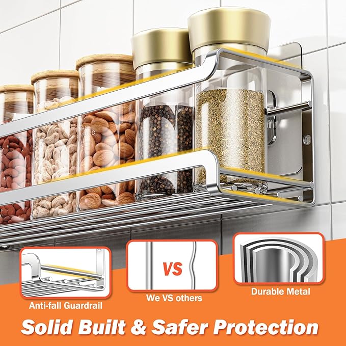 Bunoxea Spice Rack wall mounted 2 Pack, Space-Saving Spice Organizer for Spice Jars and Seasonings,Screw or Adhesive Hanging Spice Rack Organizer for Your Kitchen Cabinet,or Pantry Door,Silver