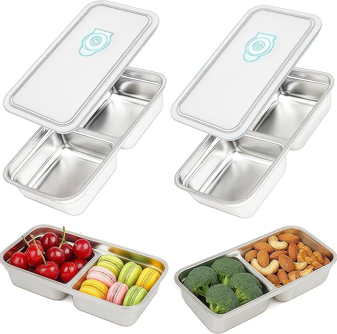 2Pcs Stainless Steel Snack Containers, 2 Compartments Portable Food Storage Bento Boxes with Lids, Divided Meal Prep Lunch Box Food Container Dishwasher Safe