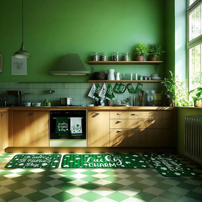 VitalCozy 10 Pcs St. Patrick's Day Kitchen Decor Set Shamrock Kitchen Towel and Rugs Oven Mitts Pot Holders for Home Cooking Baking Decorations