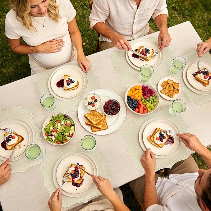 Set of 4 Cotton Linen Placemats, 16 x 18 Linen Color Wavy Embroidery Cloth Placemat Double Layered Fabric Machine Washable Wrinkle Free Dining Table Mats for Hotel Restaurant Kitchen