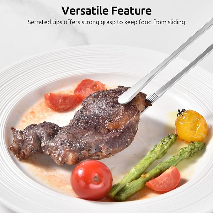 U-Taste 12in Long Kitchen Cooking Tweezer: 18/8 Stainless Steel Food-Grade Metal Food Tong, Flexible Pinching, Seamless-Welding, Sturdy and Non-Slip for Serving, Grilling, Frying, Baking (Round Tip)