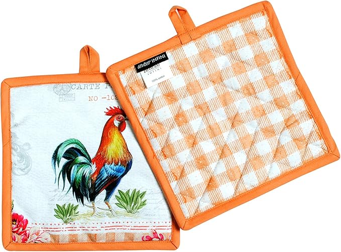 AMOUR INFINI Pot Holders Easter Decor Heat Resistant Cotton Set of 2 Nonslip 8"x8" Inch Hot Pads for Kitchen, BBQ, Baking & Cooking with Hanging Loops (Farm Rooster)