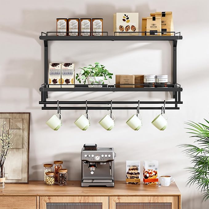CHOEZON Pot Rack, Wall Mounted Pan Holder, 2-Tier Pot and Pan Organizer, Pot Hanger with 10 S-Shaped Hooks, Cookware Organizer with 5 Removable Metal Wire Dividers, Black TPR35BB