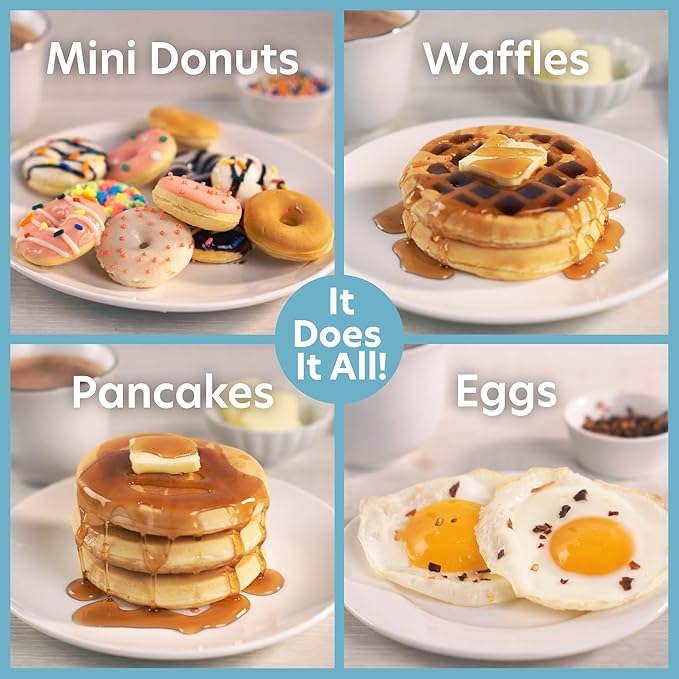 3 in 1 Mini Breakfast Maker- Make Mini Waffles Donuts Pancakes or Eggs all in 1 Multi Use Appliance- Easily Swap & Clean Interchangeable Griddle Plates- Small Electric Nonstick Baker with Recipe Guide