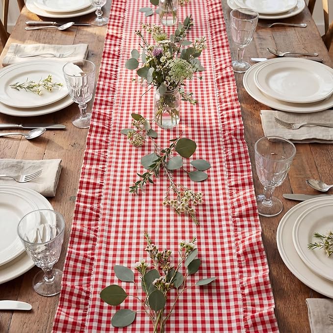 HunnmingRe 1 Pcs Red Plaid Gingham Ruffle Table Runner 118 x 13.8'' Farmhouse Table Runner 100% Cotton Scalloped Long Dresser Scarves for Dining Room, Wedding, Kitchen Rustic Home Decor