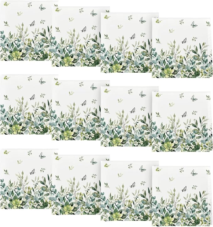 Horaldaily Spring Summer Cloth Napkins 18 x 18 Inch, Eucalyptus Floral Party Dinner Decoration Washable Napkins Set of 12