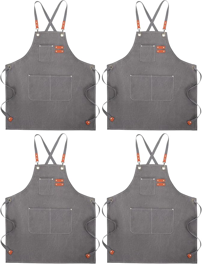 Toulite 4 Pack Canvas Chef Apron for Men with Adjustable Strap Cross Back Cotton Barber Apron with Pocket, 26 x 30''