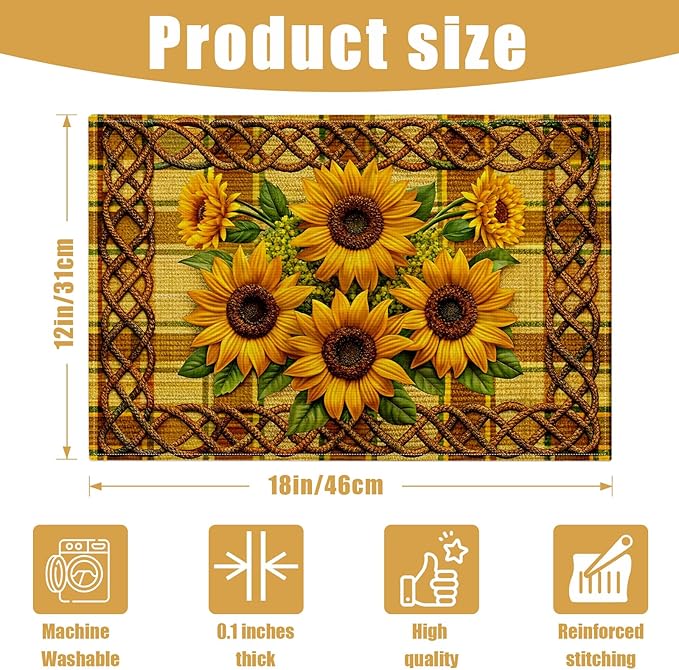 Sunflower Placemats Set of 6, Linen Place Mat Washable Stain Resistant Table Mats for Farmhouse Kitchen Dining Party Wedding Decor 12x18 Inch