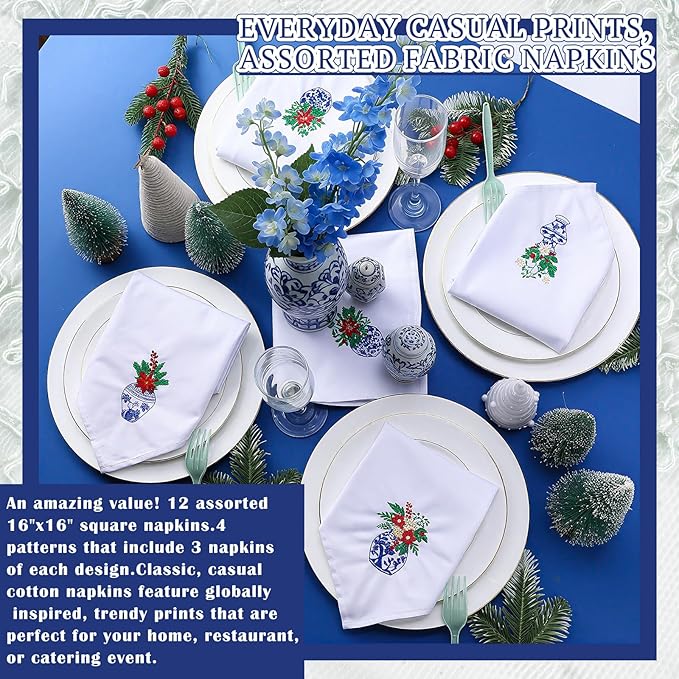 HunnmingRe 12 Pcs Christmas Blue and White Cloth Napkins Chinoiserie Embroidered Cotton Vase Hand Towels Blue Guests Napkin for Dinner Holiday Weddings Parties Washable 17x17 Inch
