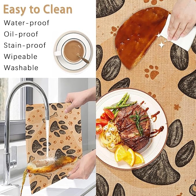 Dog Paws Placemats Set of 6,Bones Table Mates Non-Slip Heat Resistant Washable Linen Place Mats for Party Kitchen Dining Decoration Indoor Outdoor 12"x18"