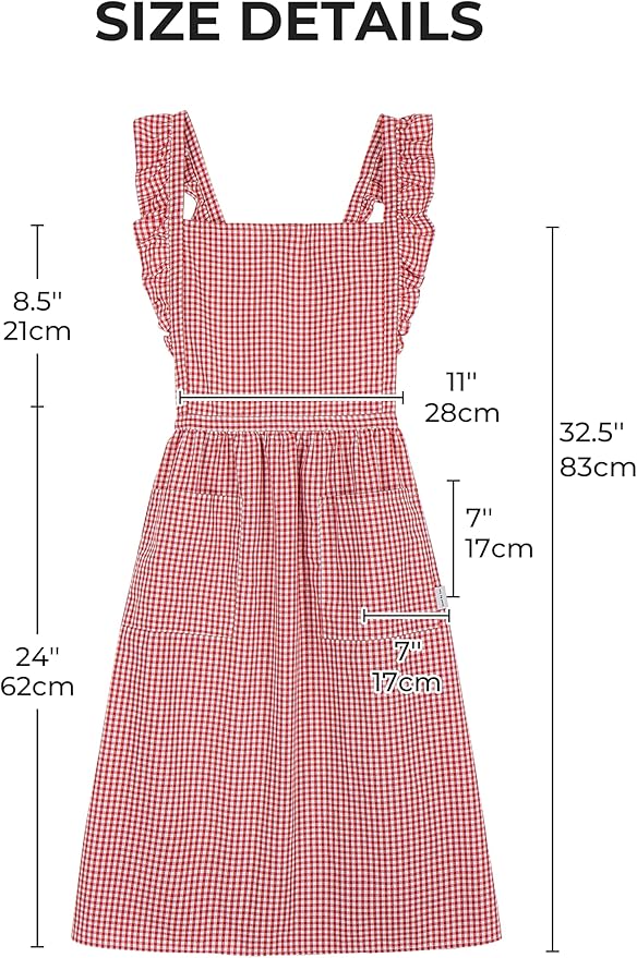 Vintage Gingham Apron for Women, Ruffle Straps, 2 Pockets, Soft Cotton, Apron Dress Style for Cooking & Baking