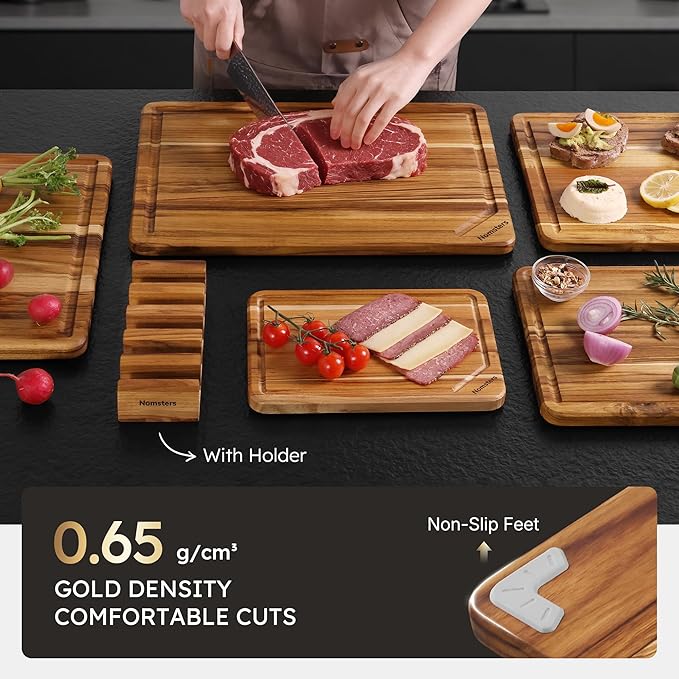 5 Pack Teak Wood Cutting Board Set for Kitchen with Holder Charcuterie Board Serving Heavy Duty Non Toxic Slip Hardwood Over Sink Solid Thick Wooden Chopping Board Large Big Small Best Essential Gift
