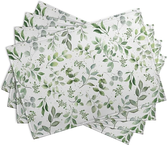 Sage Green Eucalyptus Leaves Placemats Set of 4 Spring Summer Watercolor Leaf Table Mats 12x18 Inch Seasonal Holiday Rustic Farmhouse Linen Fabric Place Mat for Kitchen Dining Decor