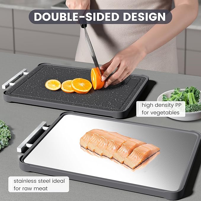 Kikcoin 17"×11" 304 Stainless Steel Cutting Boards for Kitchen, Food Grade BPA-Free Double Sided Cutting Board, Extra Large Non-Toxic Chopping Board for Meat, Vegetables, Cheese & Charcuterie, Black