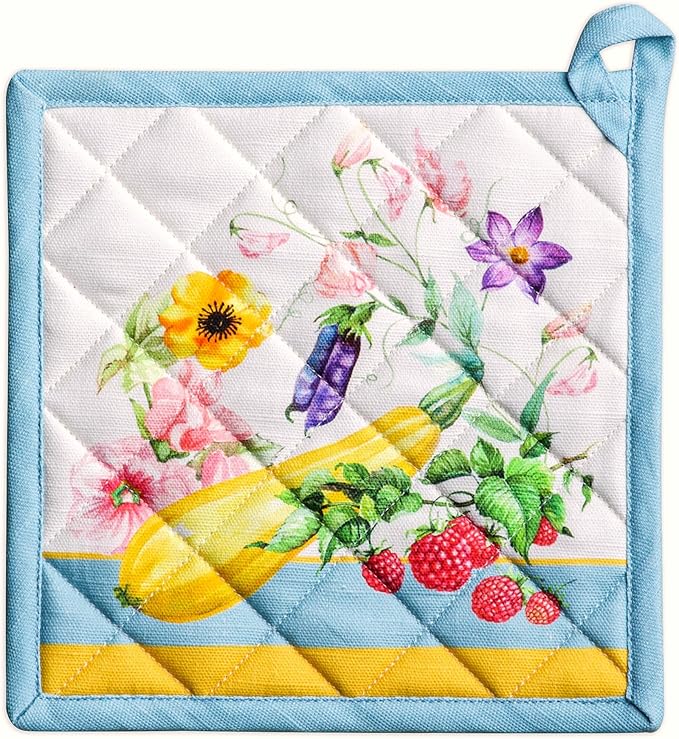 Maison d' Hermine Pot Holders 100% Cotton Heat Resistant Potholders 8" x 8" Hot Pads with Loop BBQ Cooking Baking Gifts for Mothers Day Handling Hot Pans Spring/Summer (Pack of 1, Giverny)