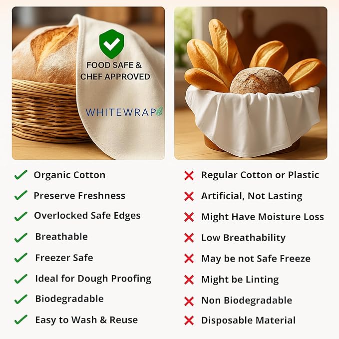 WHITEWRAP Unbleached Flour Sack Towels for Bread Proofing, Cotton Bread Cloth for Sourdough, Baguette & Ciabatta Dough, Reusable Baking Cloth, Proofing Towel 28"x28", Set of 6