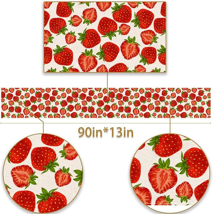 Pudodo Strawberry Table Runner Spring Summer Fruit Strawberry Themed Birthday Baby Shower Party Kitchen Dining Home Decoration (13" x 90")