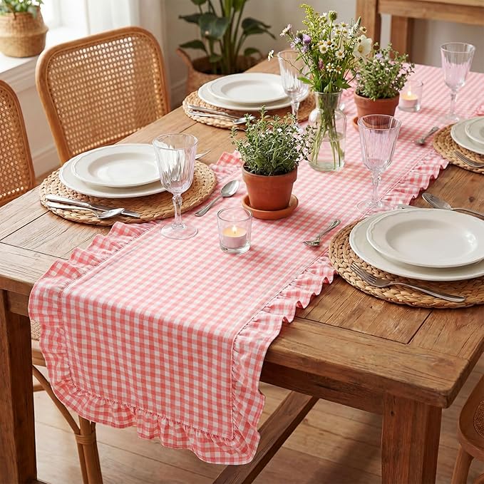 HunnmingRe 1 Pcs Pink Plaid Gingham Ruffle Table Runner 118 x 13.8'' Farmhouse Table Runner 100% Cotton Scalloped Long Dresser Scarves for Dining Room, Wedding, Kitchen Rustic Home Decor